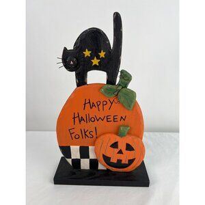 Wooden Halloween Black Cat & Pumpkin Decor Black White Checked Folk Art